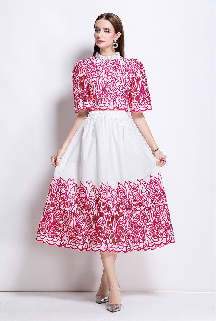Red Embroidered Cutout Two Piece Dress