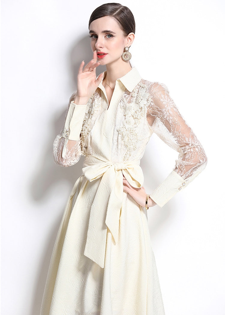 Elegant Lace Sleeve Belted Midi Dress