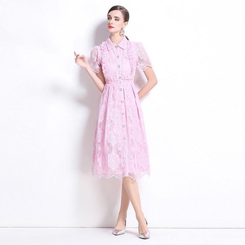 Elegant Pink Lace Button-Up Midi Dress