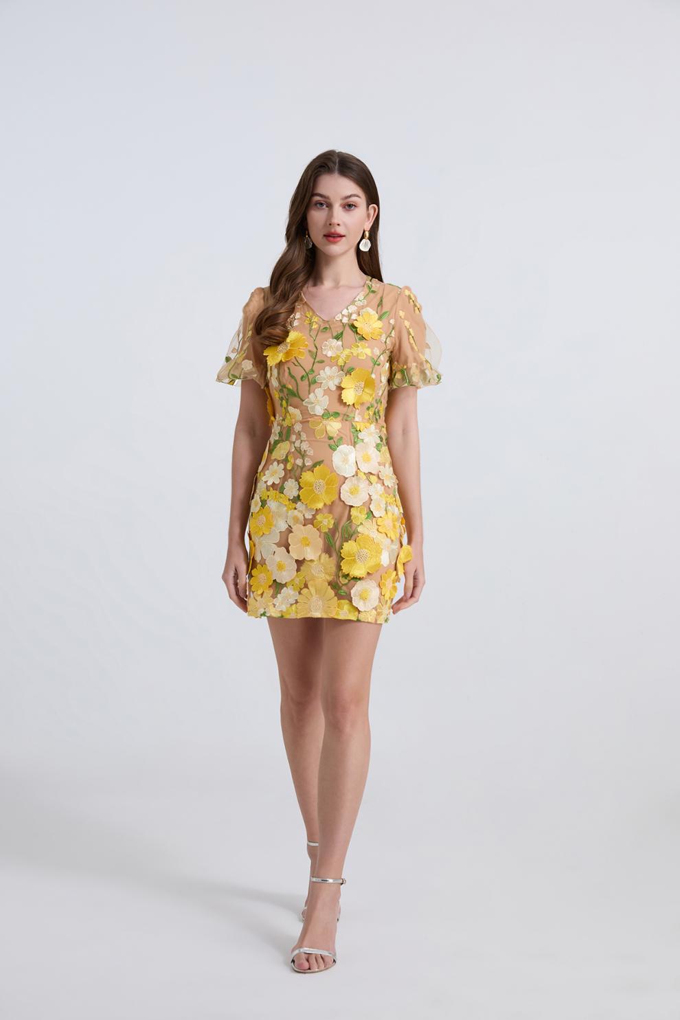 Golden Bloom Floral Embroidered Mini Dress