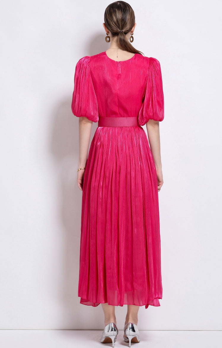 Radiant Rose Pleated Belted Dress - 920551704711_ROSERED