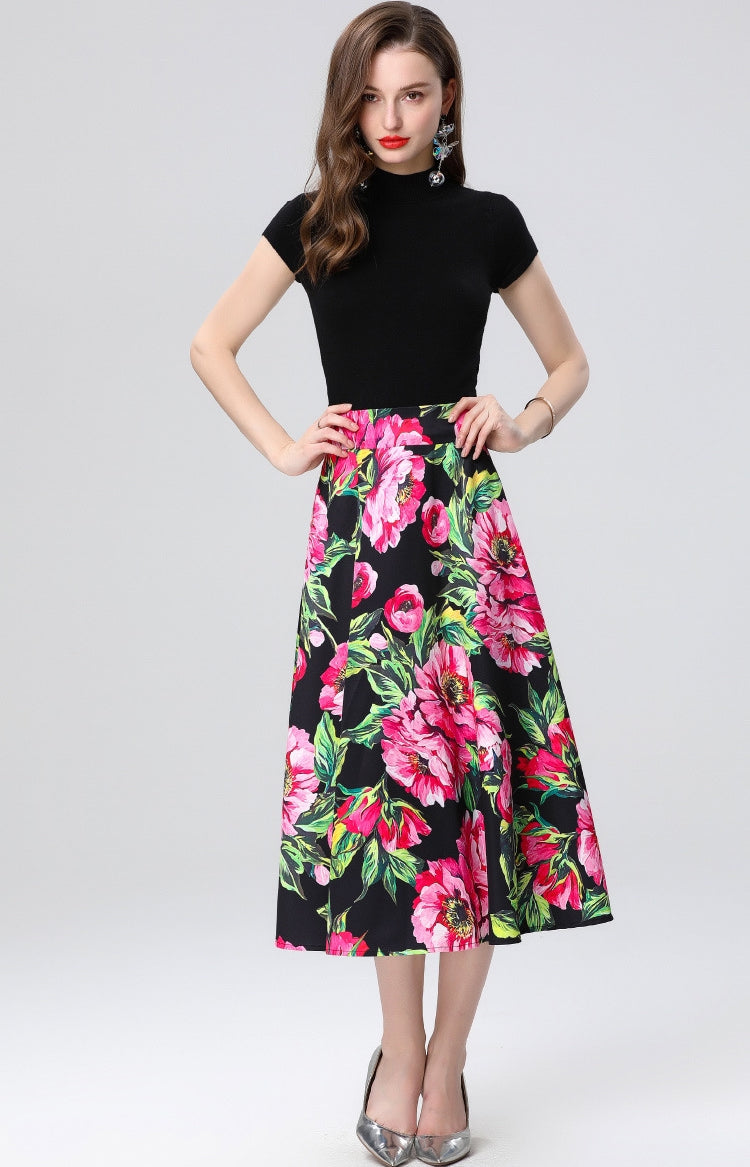 Floral High-Waist Midi Skirt Two Piece Set