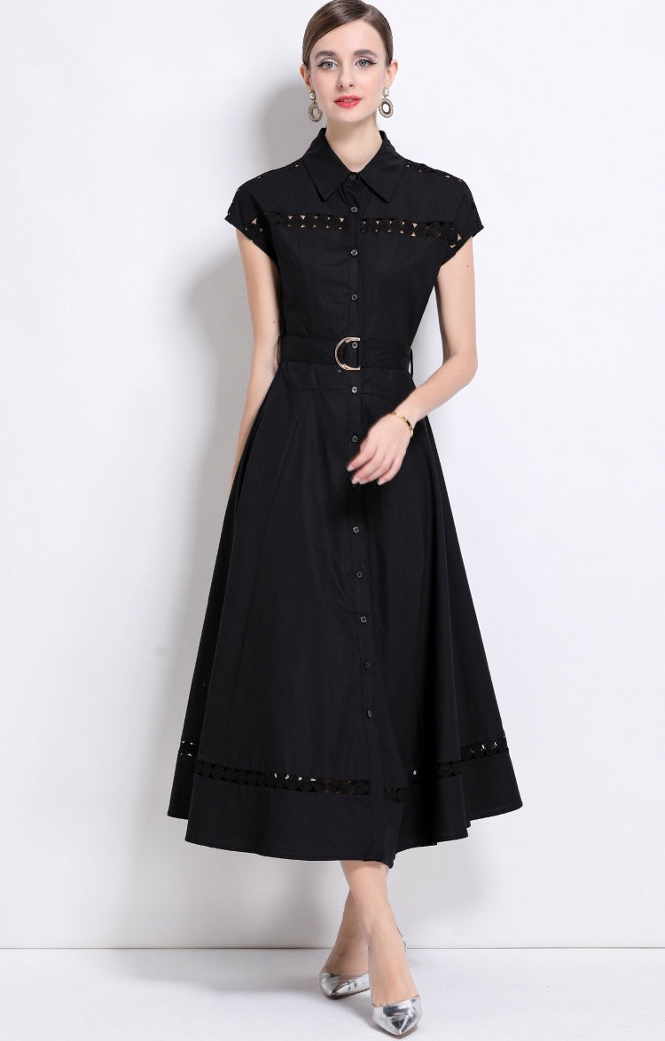 Midnight Grace Belted Shirt Dress
