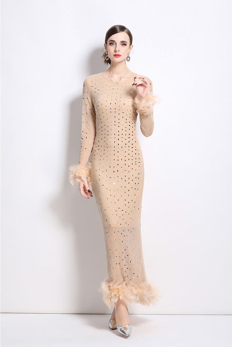 Heavy Embellished Stretchable Feather Sleeves Mesh Party Dress