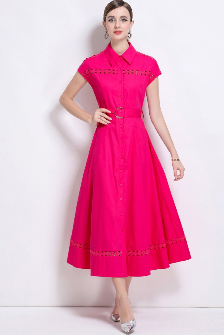 Fuchsia Flair Belted Shirt Dress