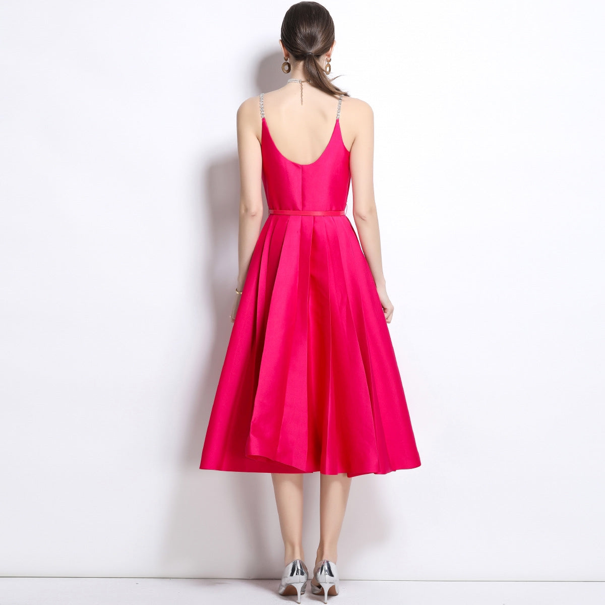 Fuchsia Satin Crystal-Button Midi Dress