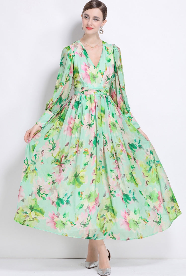 Mint Blossom Chiffon Maxi Dress