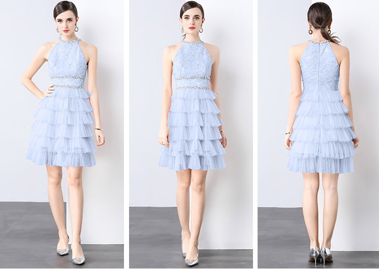 Frosted Blue Tulle Ruffle Cocktail Dress