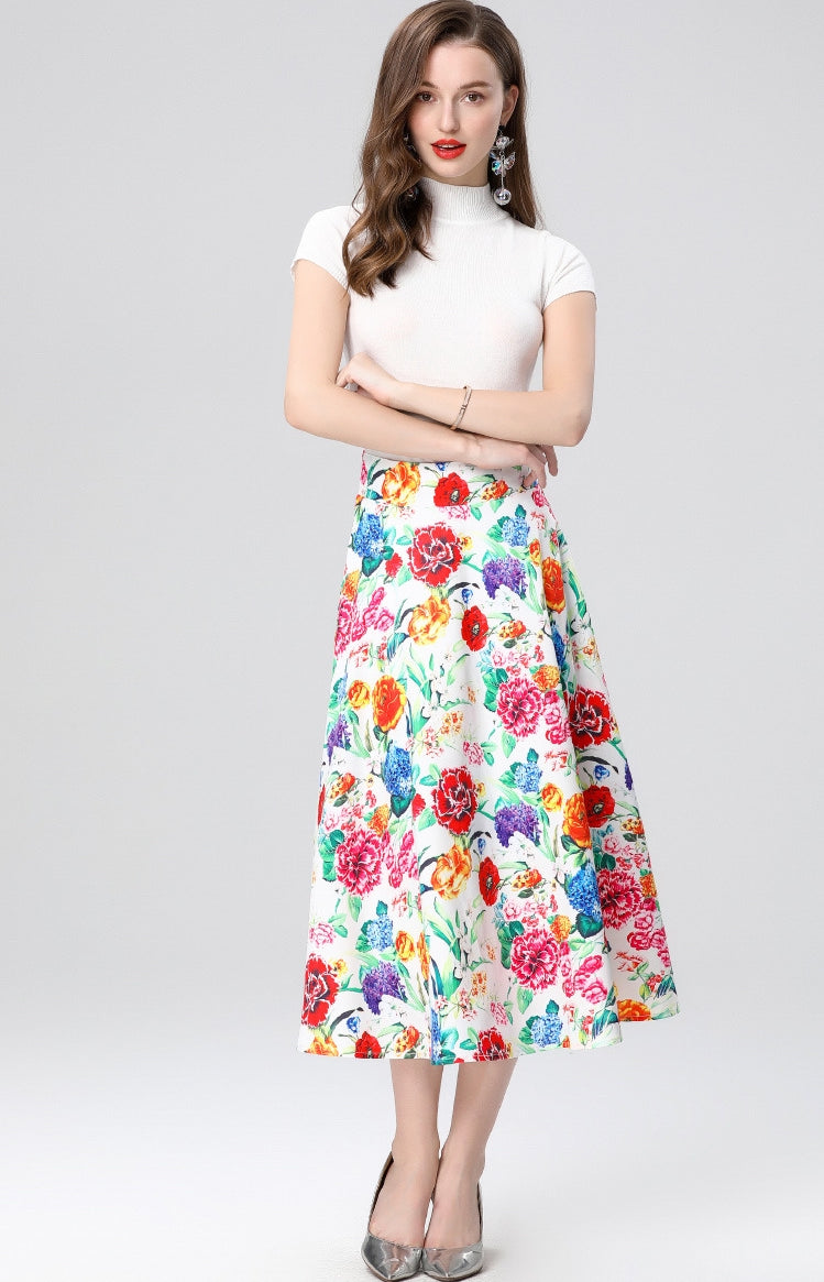 Colorful Floral Midi Skirt Two Piece Set