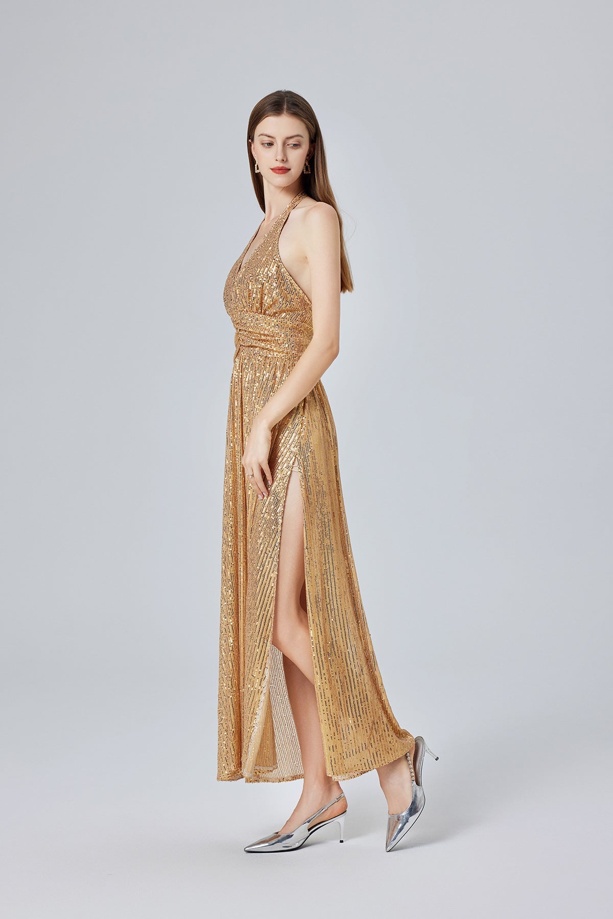Gold Sequin Halter Maxi Dress