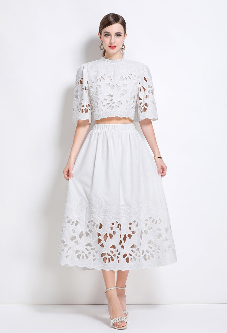 White Embroidered Cutout Two Piece Dress