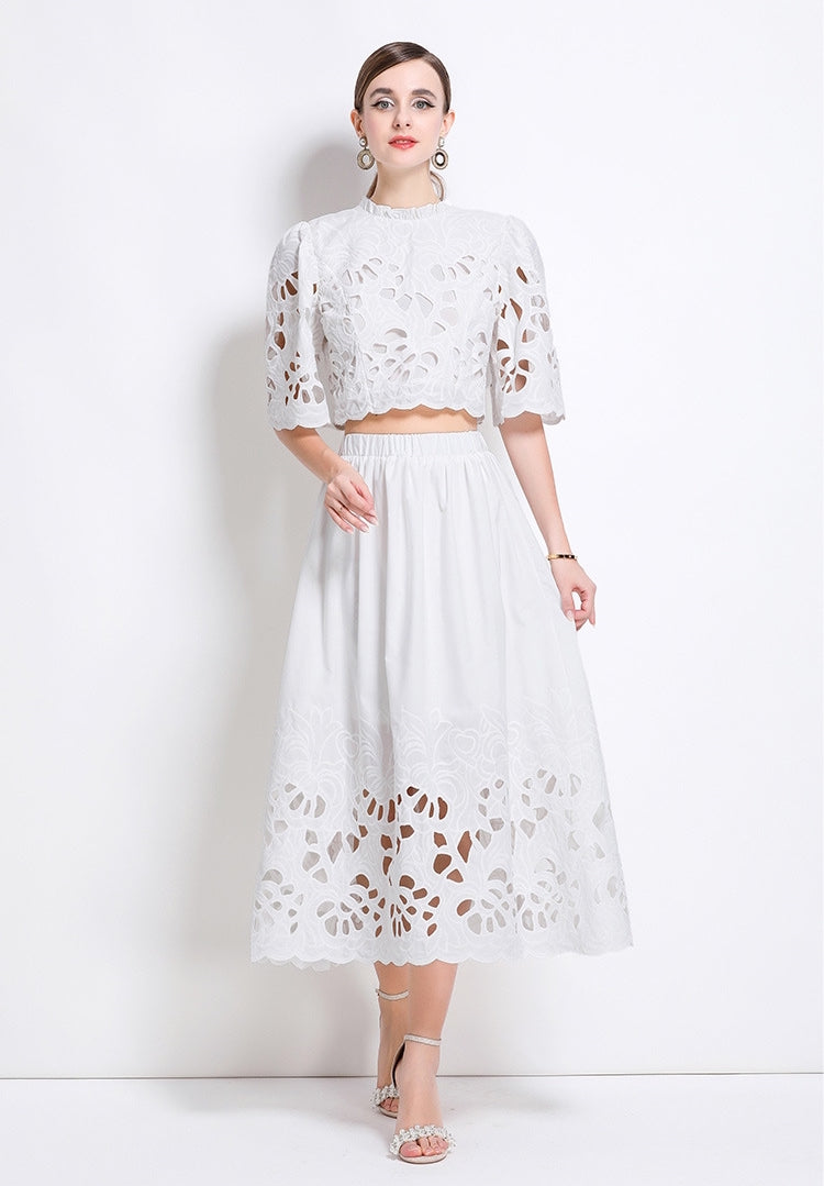 White Embroidered Cutout Two Piece Dress