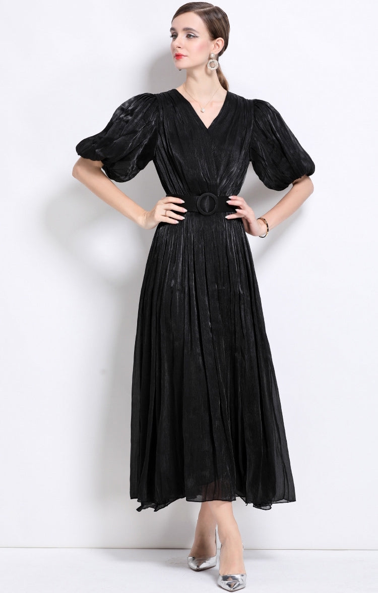 Midnight Allure Pleated Black Dress - 920551704711_BLACK