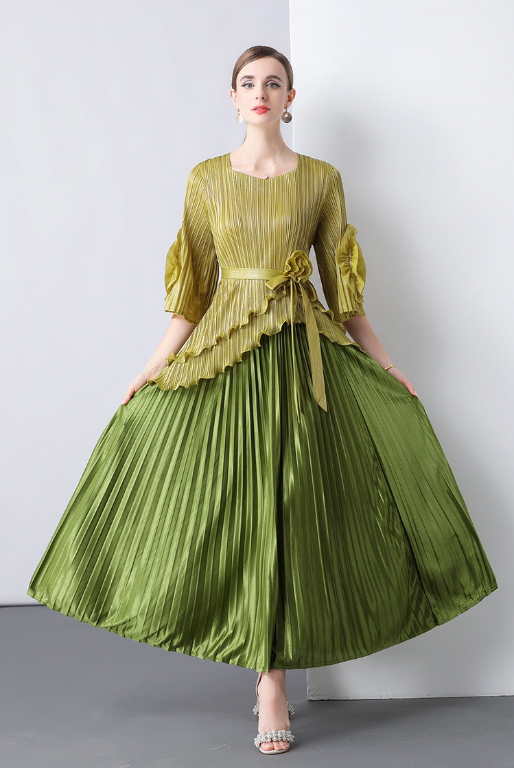 Olive Gold Pleated Peplum Maxi Dress