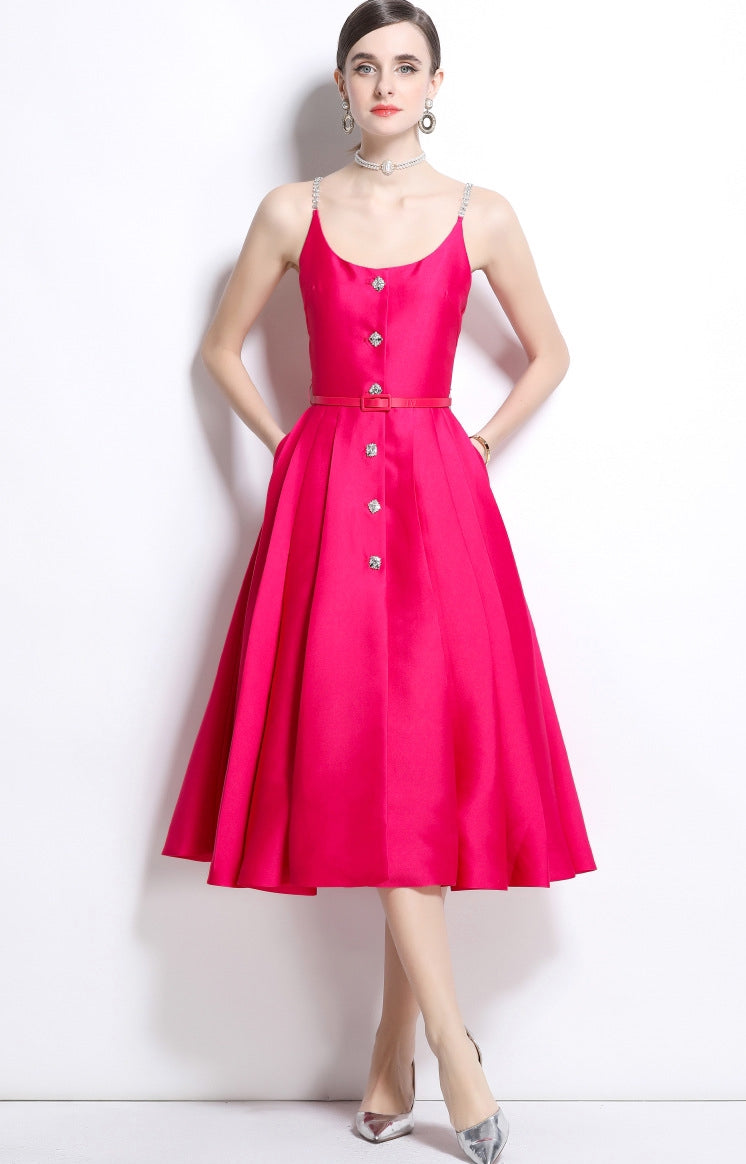 Fuchsia Satin Crystal-Button Midi Dress