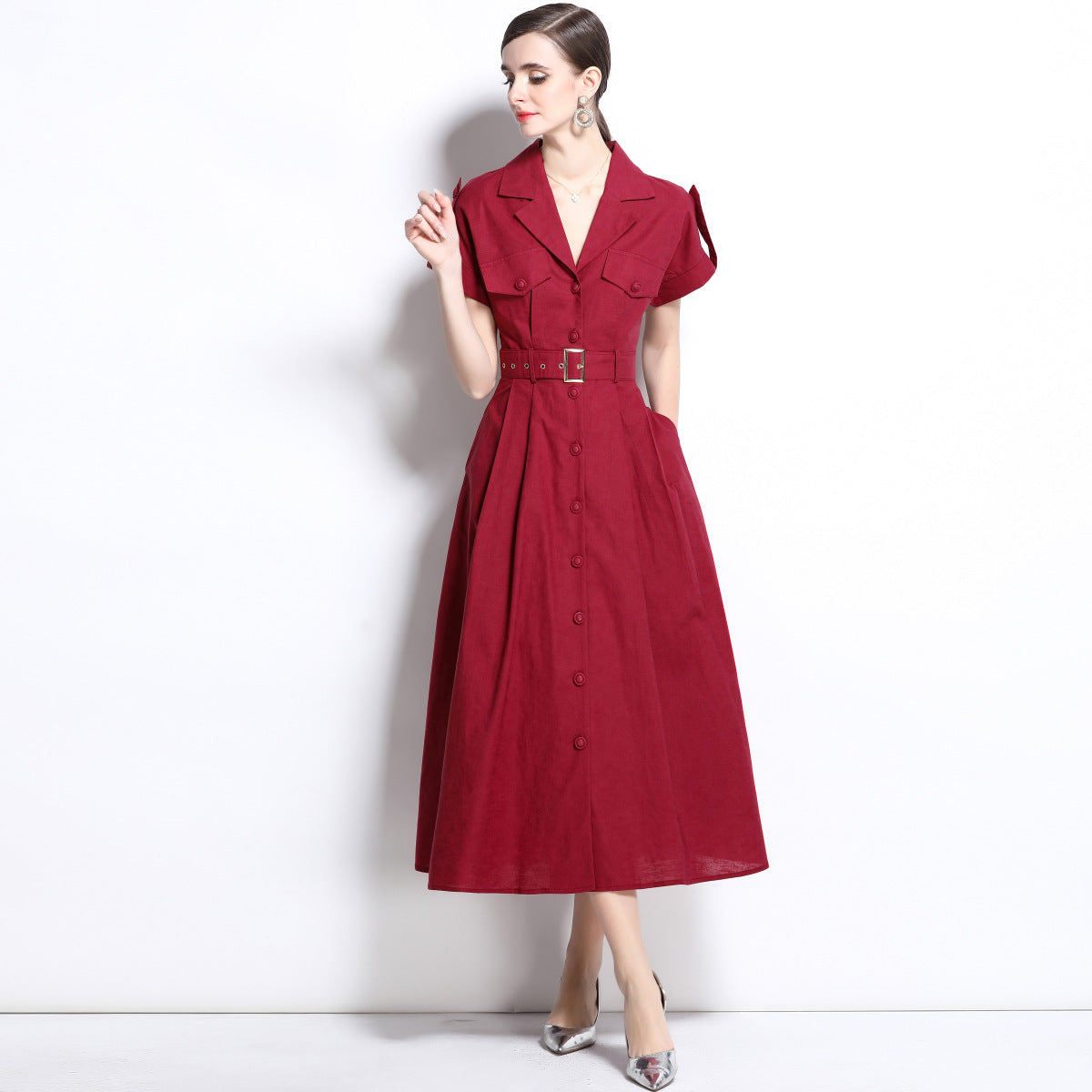 Burgundy Military Midi Dress with Belt