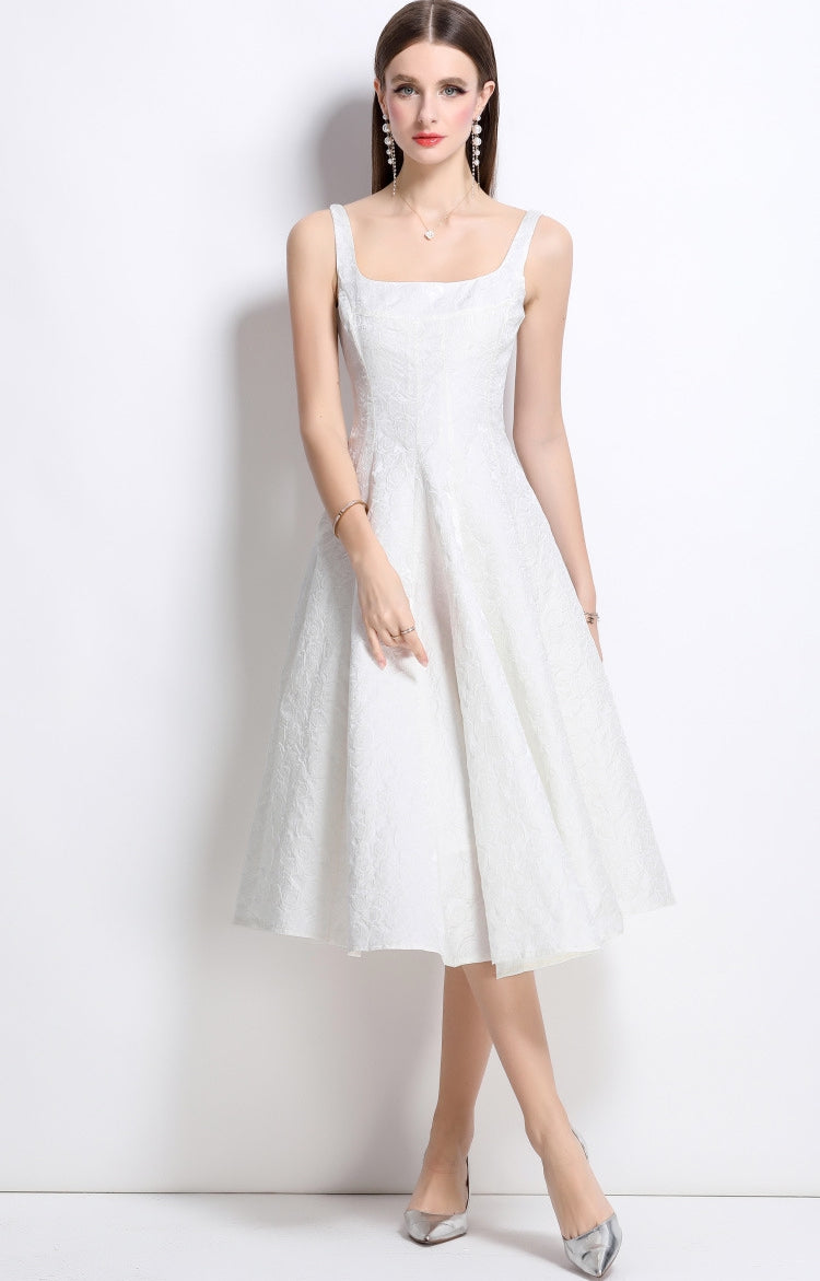 Elegant White Jacquard Midi Dress