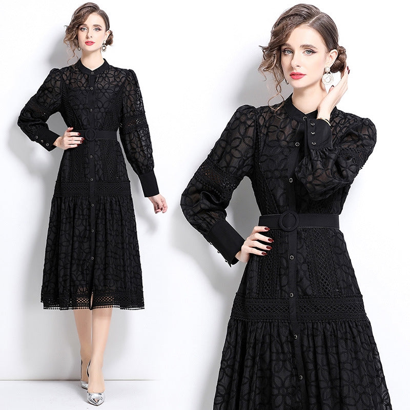 Elegant Black Lace Midi Dress with Belt