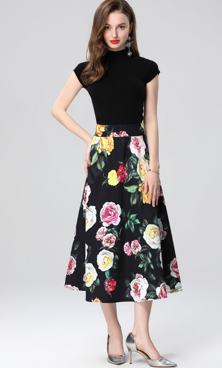 Elegant Rose Print Midi Skirt Two Piece Set