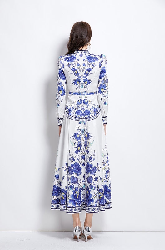 Elegant Blue & White Floral Print Blouse & Maxi Skirt Set