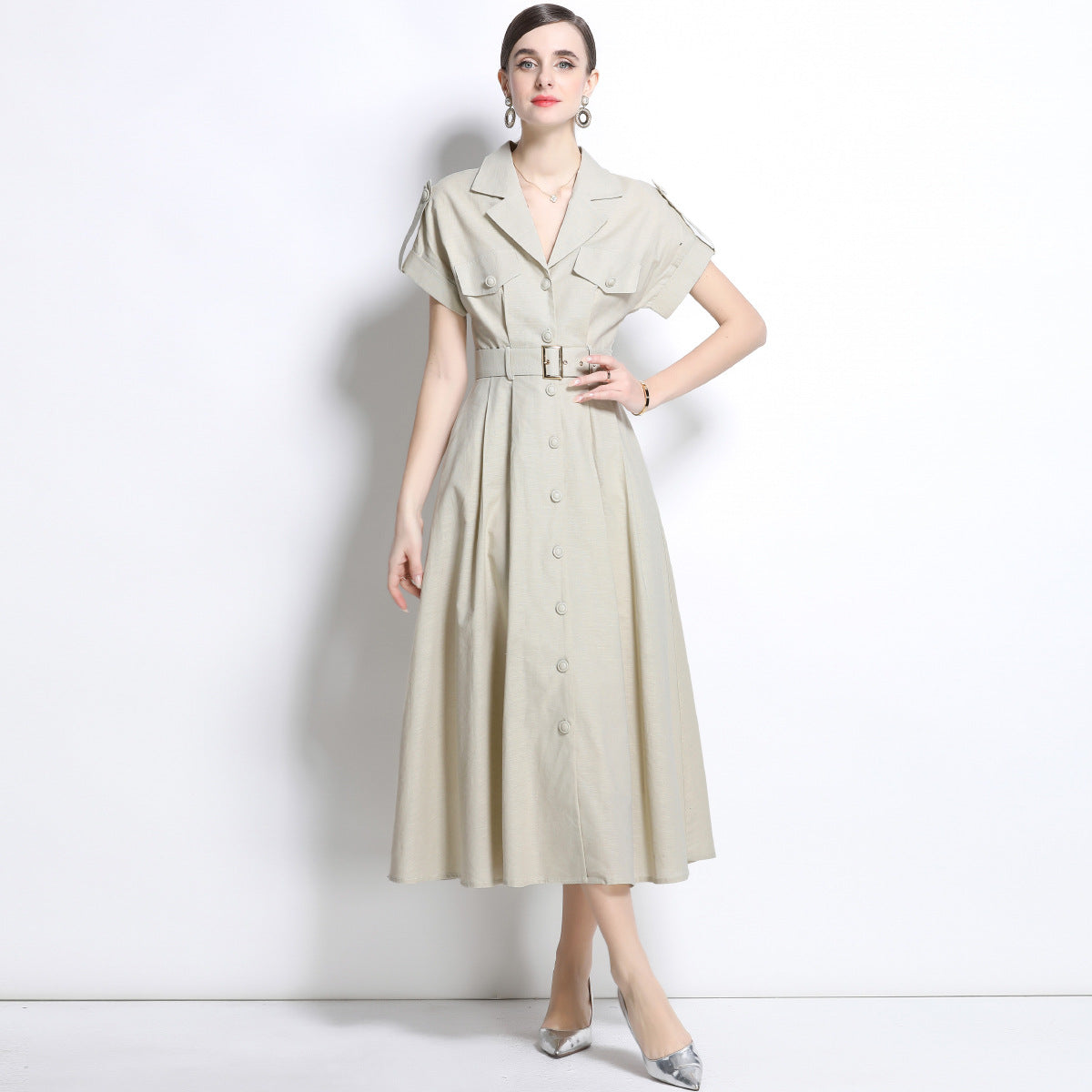 Beige Belted Military Midi Dress