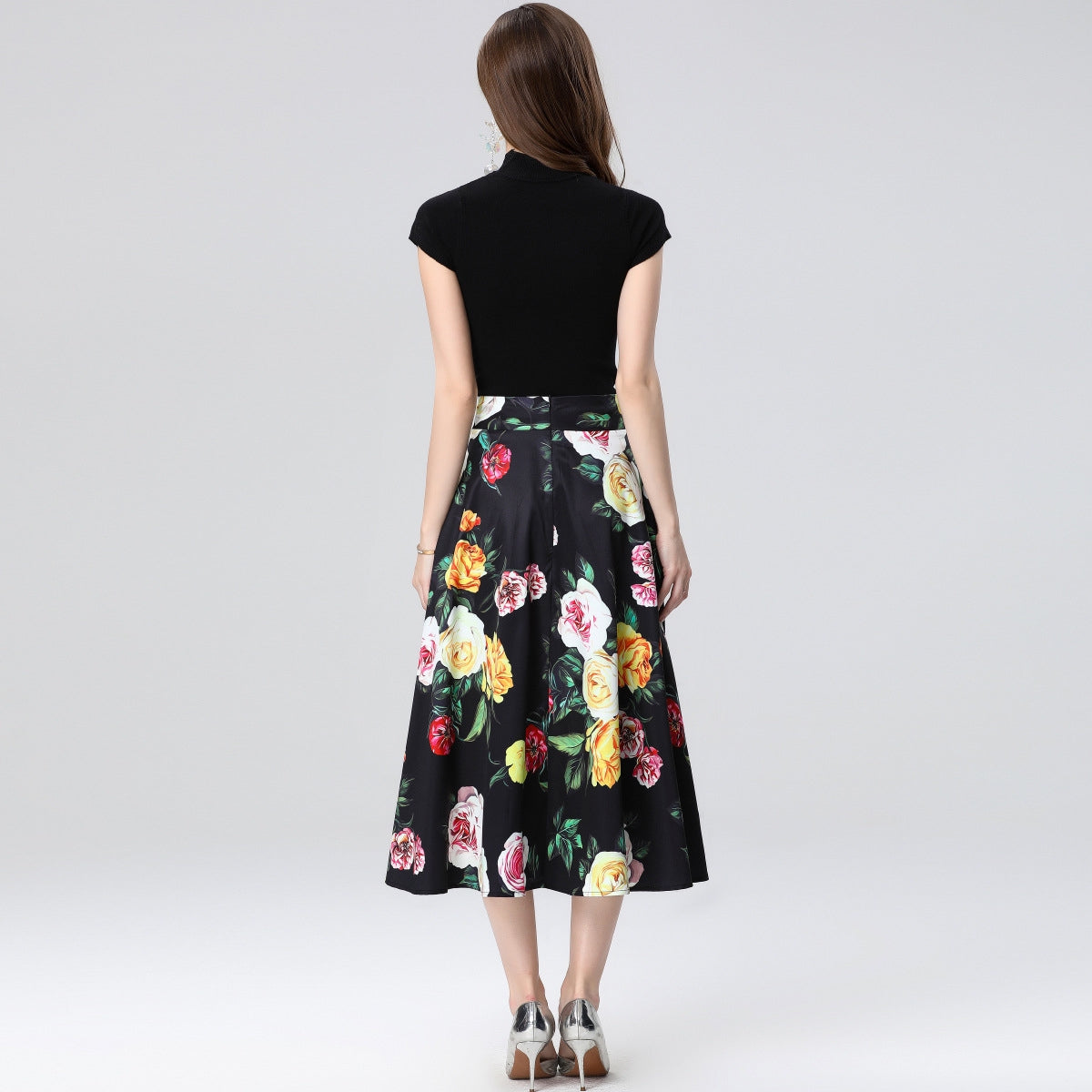 Elegant Rose Print Midi Skirt Two Piece Set