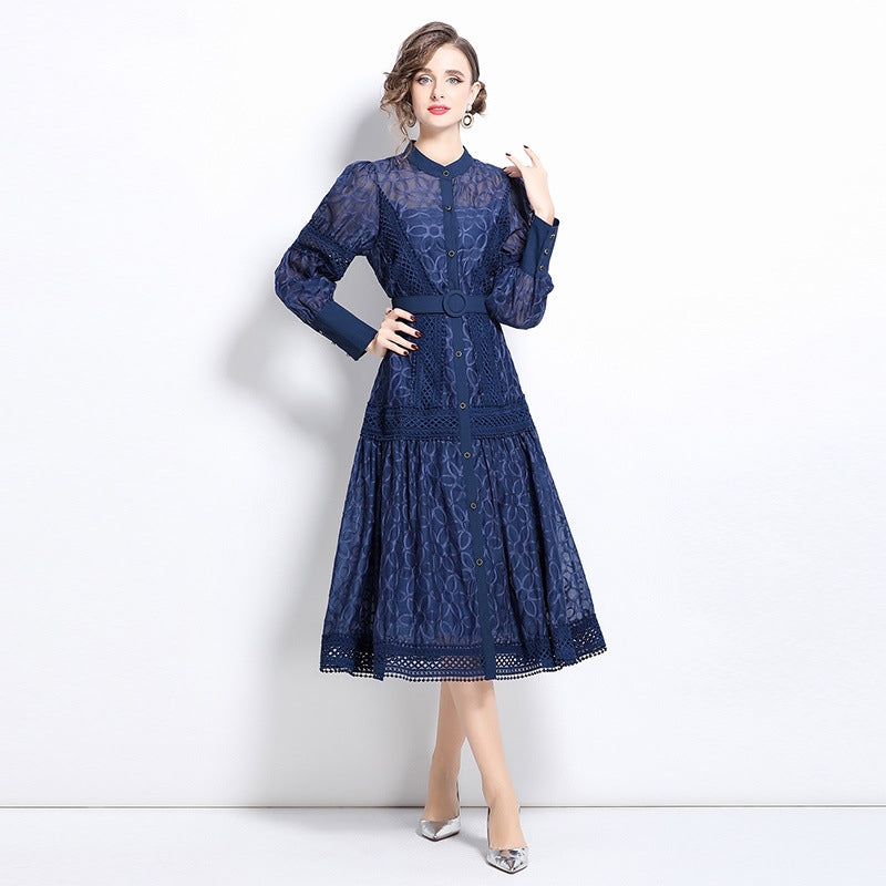Elegant Navy Blue Lace Midi Dress with Belt