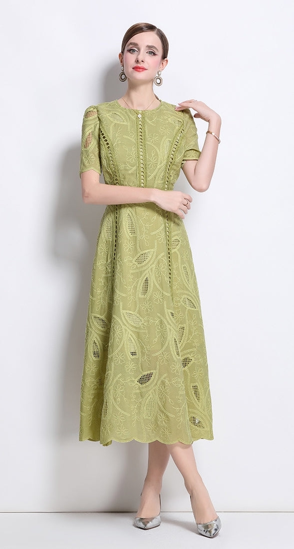 Olive Whisper Embroidered Midi Dress