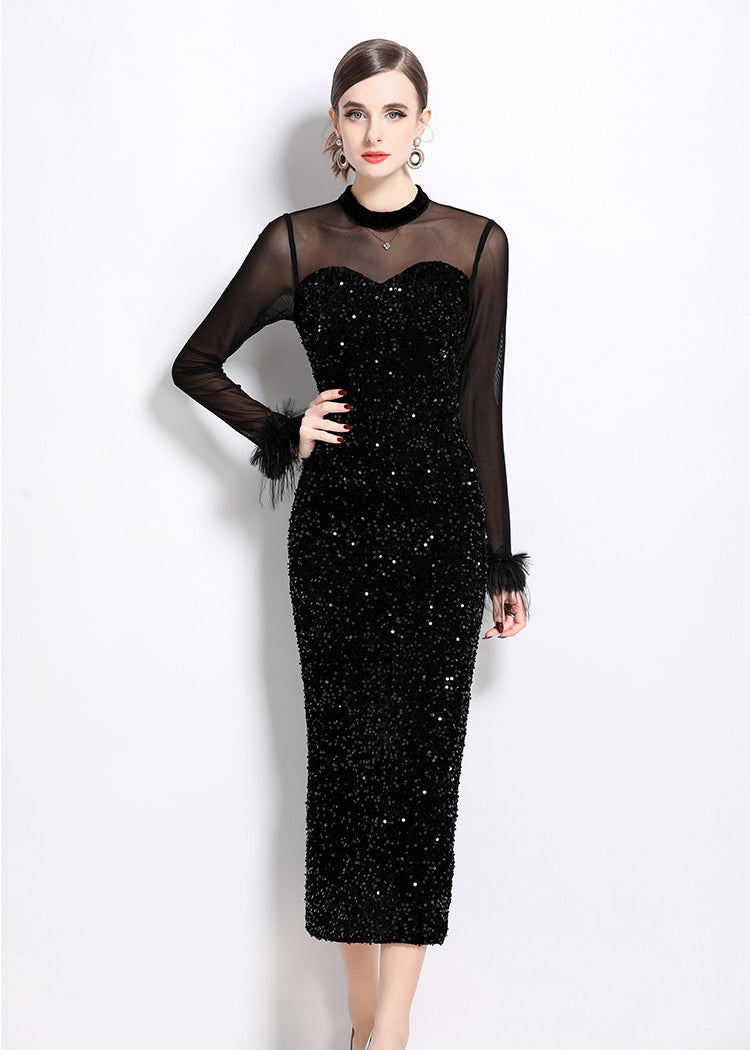 Black Sequin Velvet Dress With Feather Cuffs