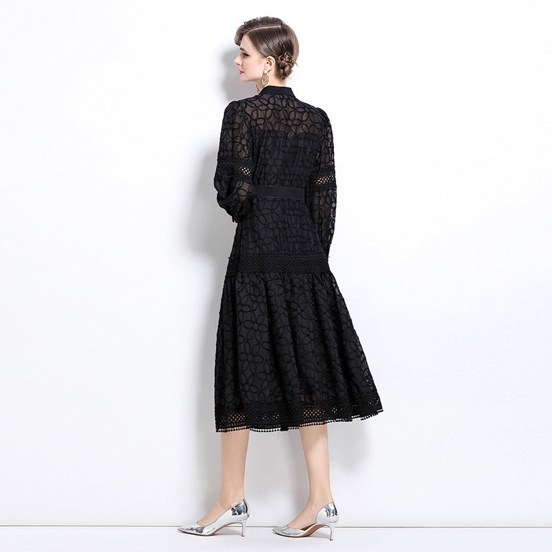 Elegant Black Lace Midi Dress with Belt