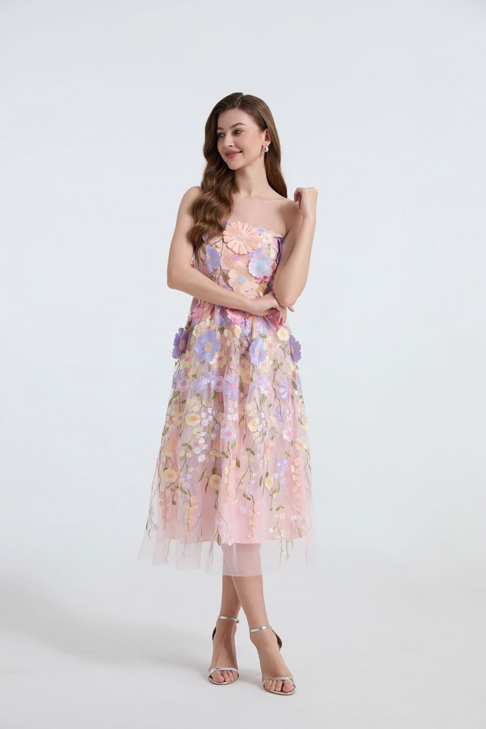 Petal Whisper Strapless Embroidered Dress - 912071976607_PINK