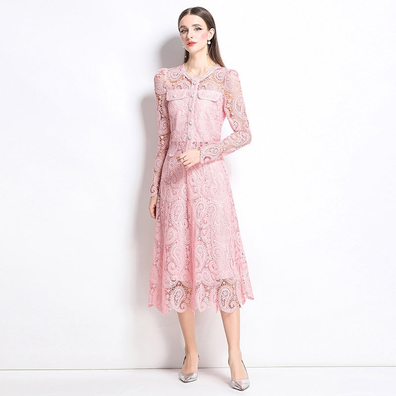 Elegant Long-Sleeve Lace Midi Dress – Blush Pink