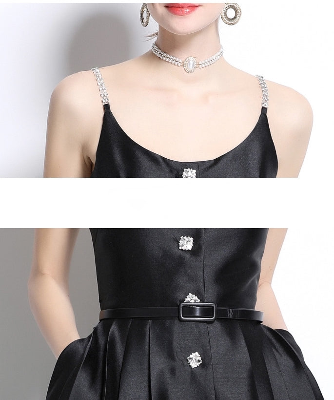 Black Satin Crystal-Button Midi Dress