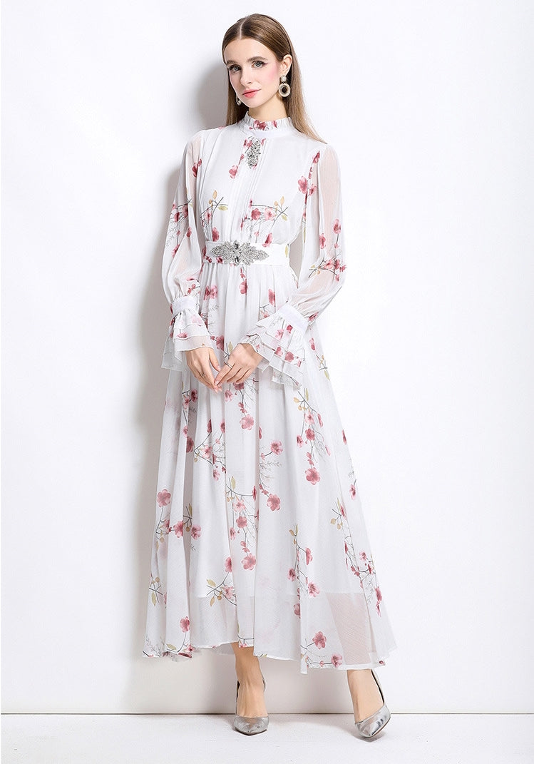 Cheery Red Flowy Floral Tiered Chiffon Gown With Belt