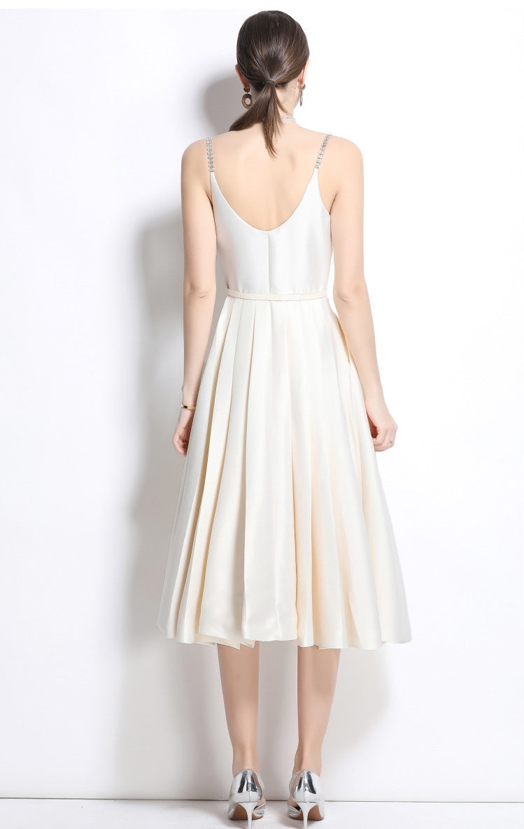 Ivory Satin Crystal-Button Midi Dress