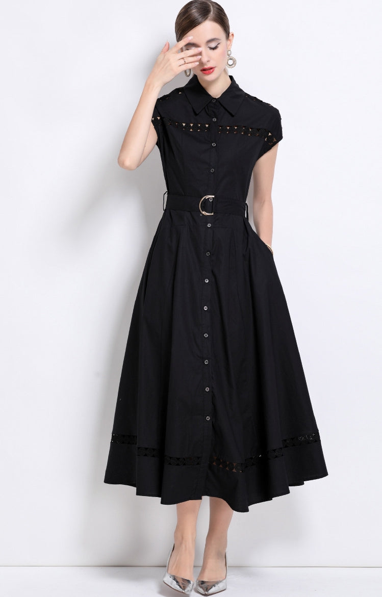 Midnight Grace Belted Shirt Dress