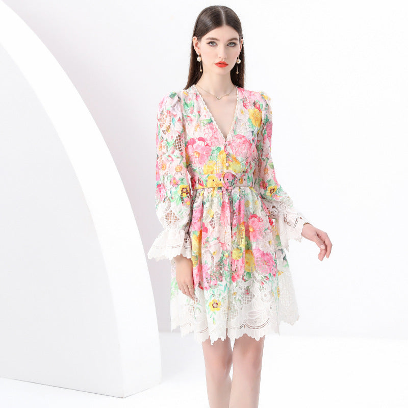 Lace Trim Floral V-Neck Dress