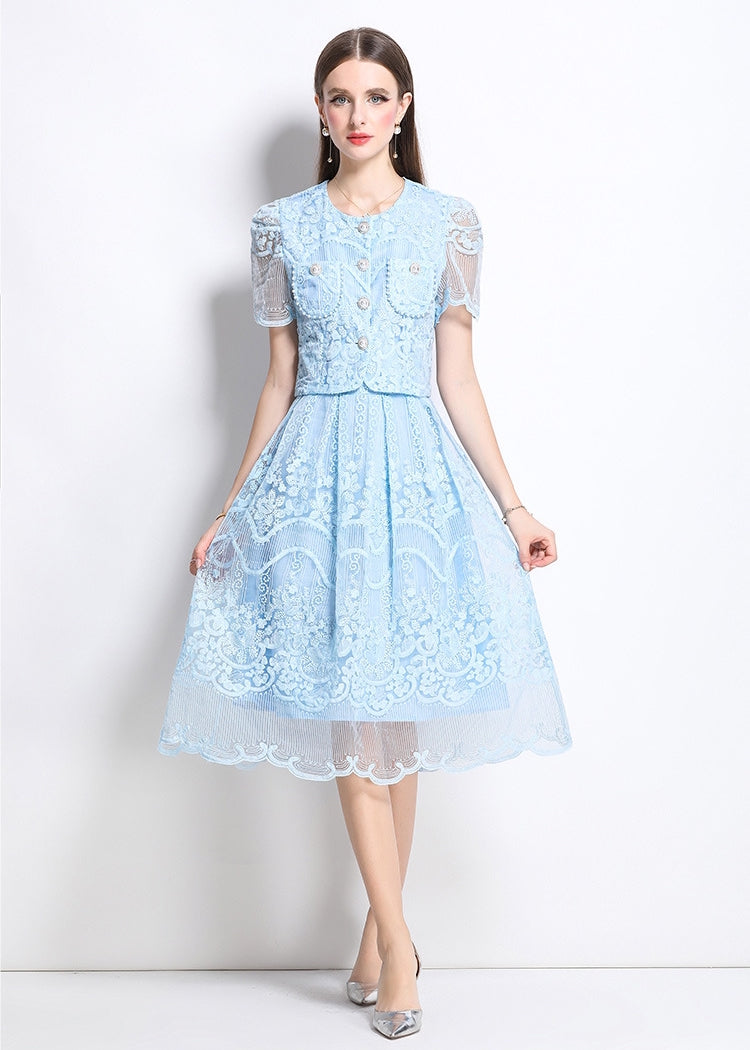 Elegant Lace Vintage Two Piece Midi Dress – Sky Blue