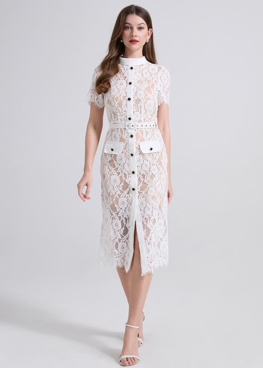 Elegant White Lace Button-Front Midi Dress