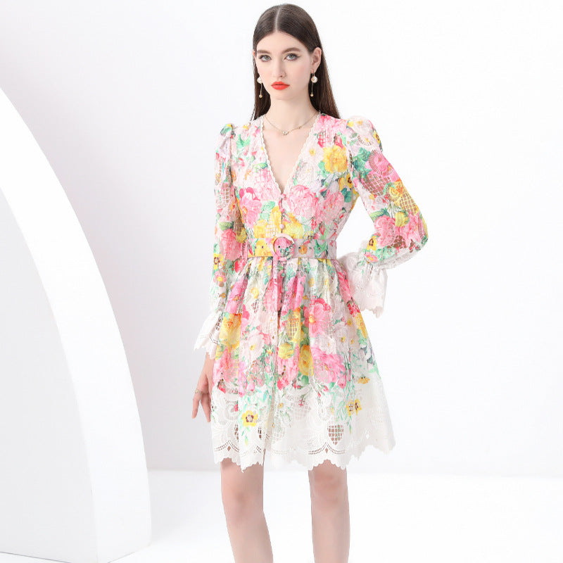 Lace Trim Floral V-Neck Dress