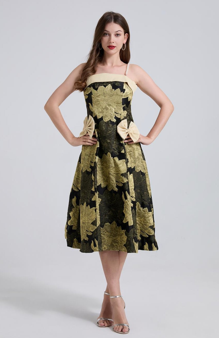 Golden Bloom Jacquard Midi Dress