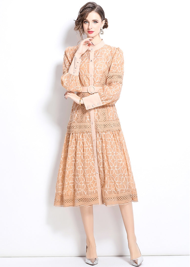 Elegant Apricot Lace Midi Dress with Belt