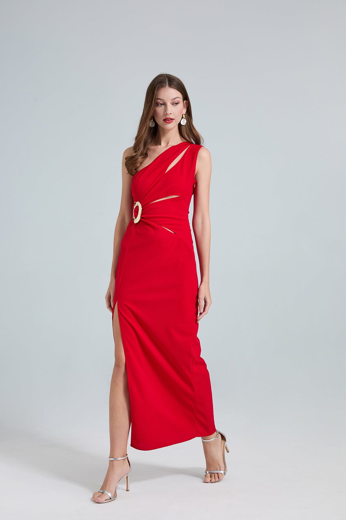 Red One-Shoulder Cutout Gown