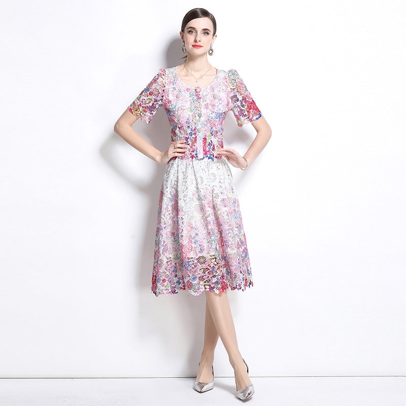 Multicolor Floral Lace Midi Two Piece Dress