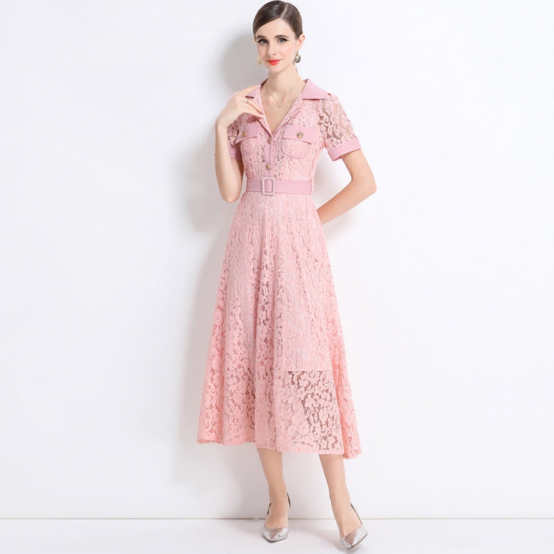 Blush Pink Lace Military Midi Dress