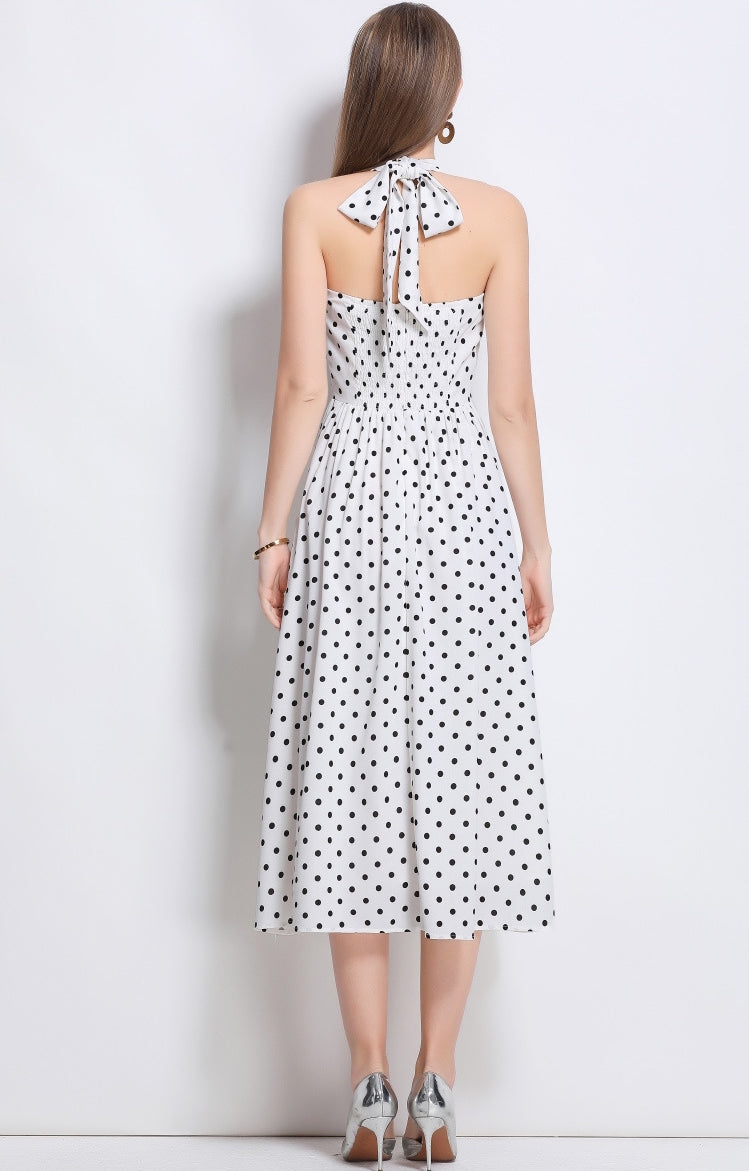Classic Charm White Polka Dot Halter Dress - 902653054769_WHITE