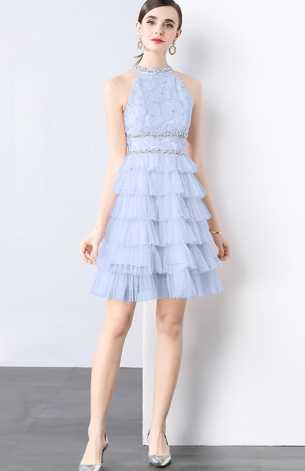 Frosted Blue Tulle Ruffle Cocktail Dress