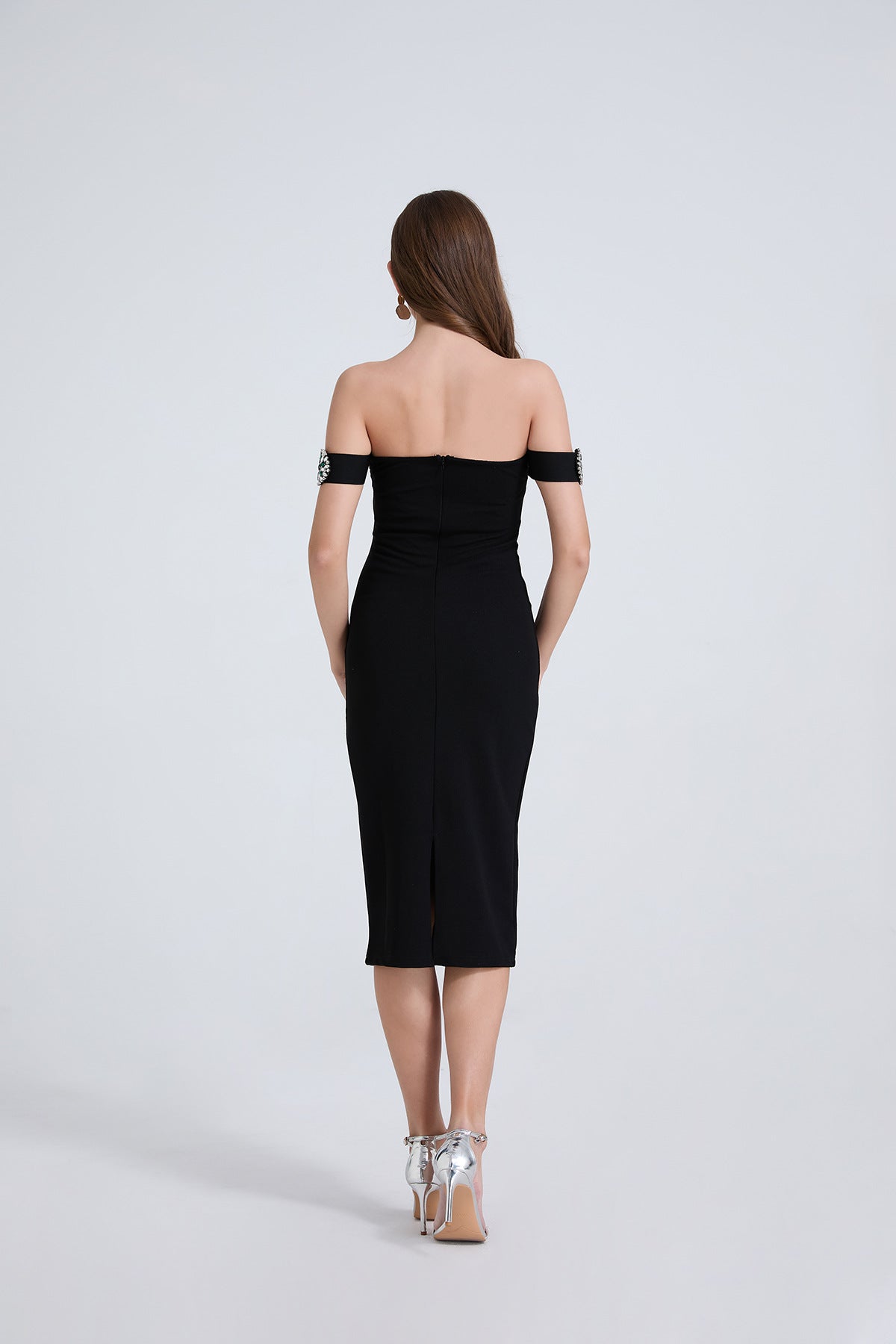 Off-Shoulder Embellished Midi Dress – Black