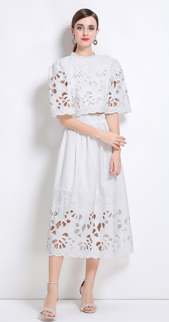 White Embroidered Cutout Two Piece Dress