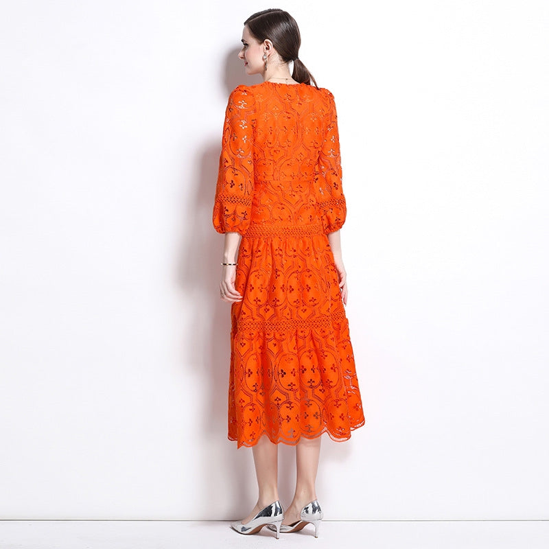 Bold Orange Embroidered Lace Dress